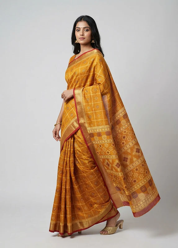 Yellow Cotton Saree With Blouse Piece One Size