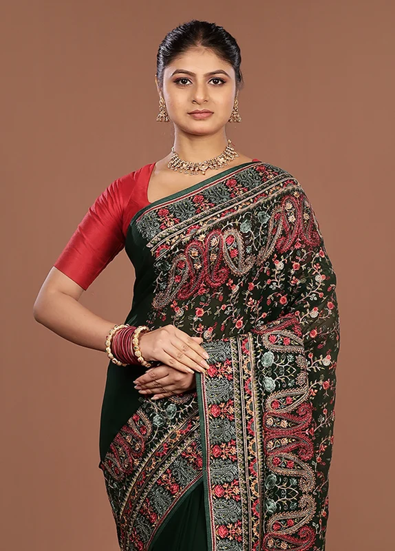 Green Handloom Chiffon Pure Silk Saree With Blouse Piece One Size