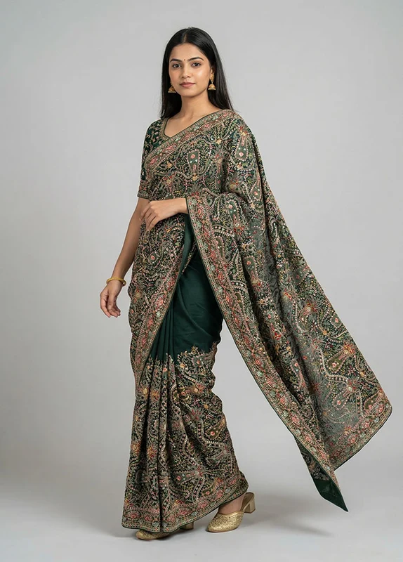 Green Handloom Chiffon Pure Silk Saree With Blouse Piece One Size