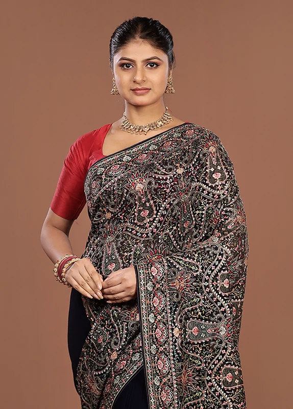 Blue Handloom Chiffon Pure Silk Saree With Blouse Piece One Size