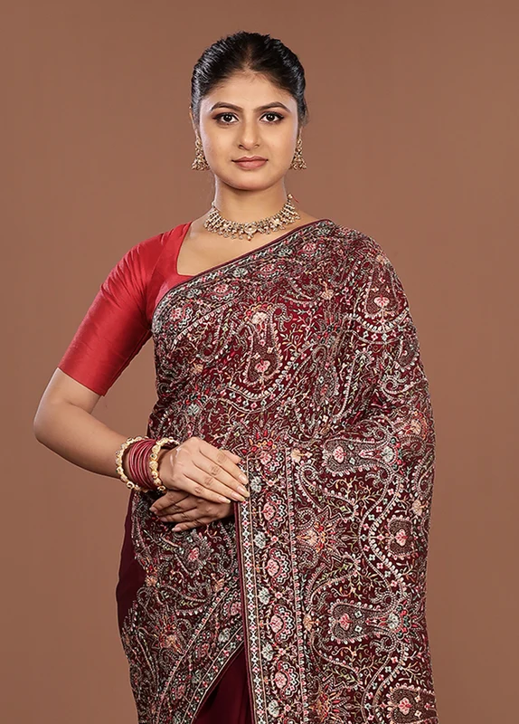 Maroon Handloom Chiffon Pure Silk Saree With Blouse Piece One Size