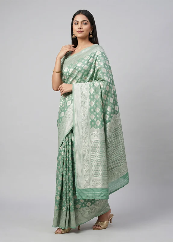 Green Dupion Silk Saree With Blouse Piece One Size