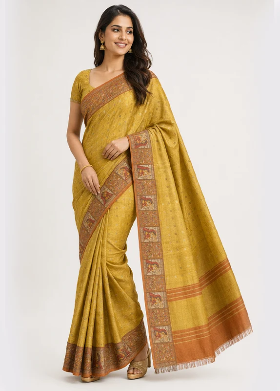 Yellow Tussar Silk Saree With Blouse Piece One Size