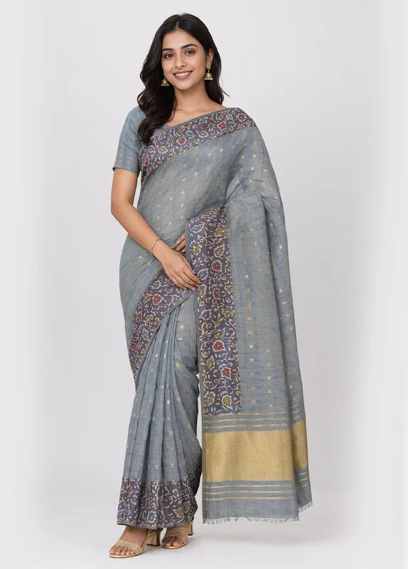 Grey Tussar Silk Saree With Blouse Piece One Size