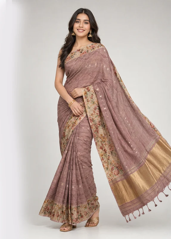 Cream Tussar Silk Saree With Blouse Piece One Size