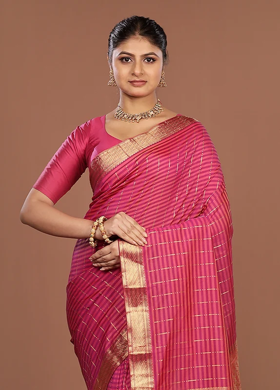 Pink Kanjivaram Silk Saree With Blouse Piece One Size