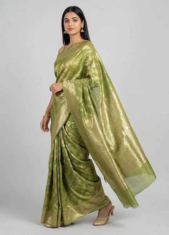 Green Dupion Silk Saree With Blouse Piece One Size