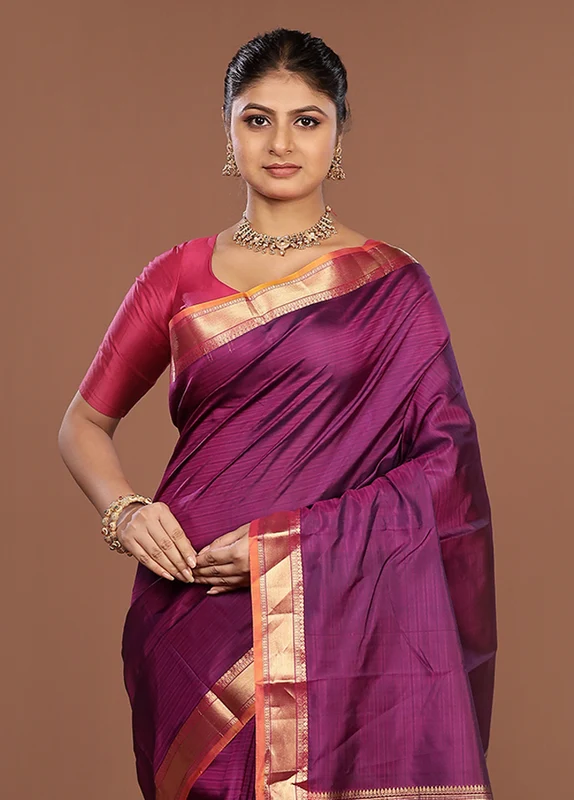Purple Handloom Kanjivaram Pure Silk Saree With Blouse Piece One Size