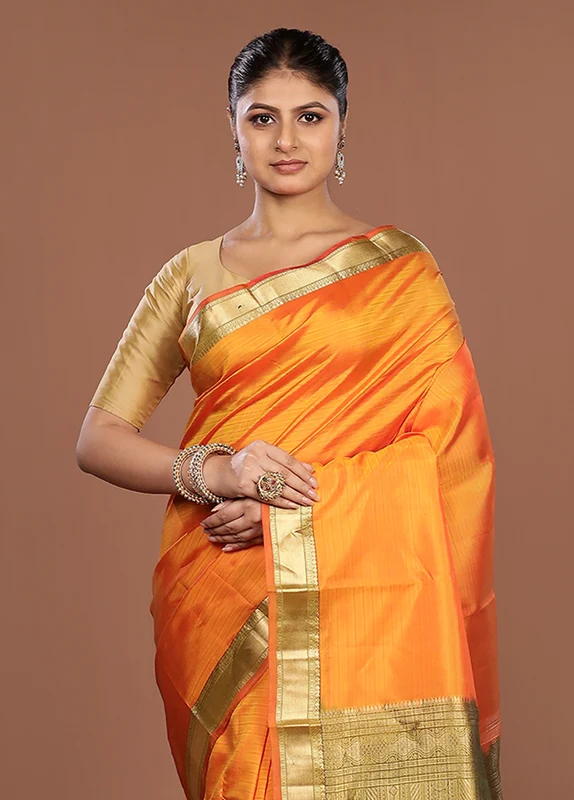 Orange Handloom Kanjivaram Pure Silk Saree With Blouse Piece One Size