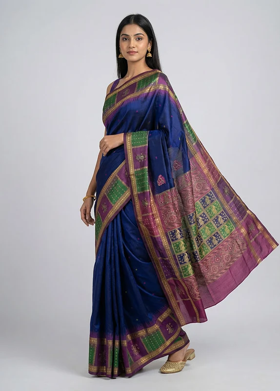 Blue Handloom Bomkai Pure Silk Saree With Blouse Piece One Size