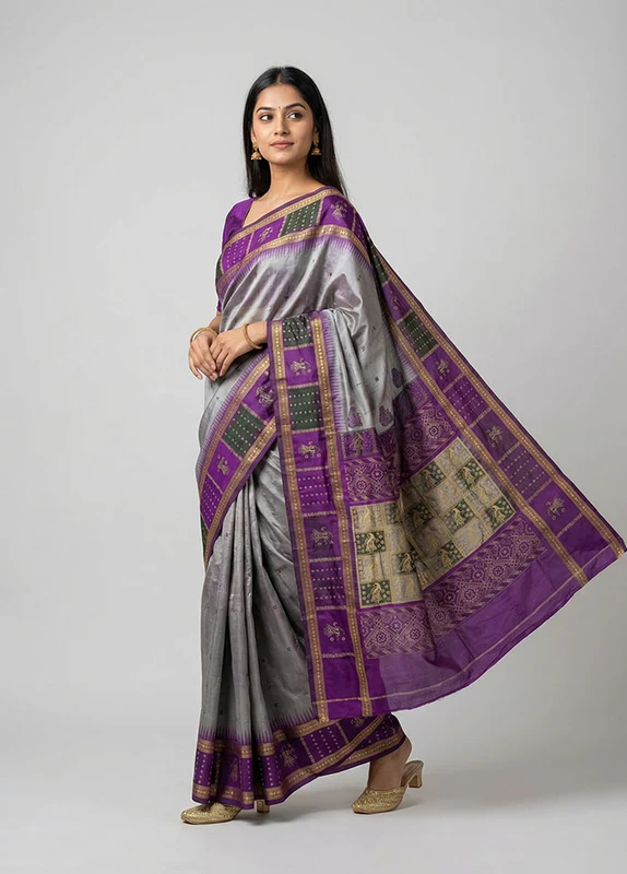 Cream Handloom Bomkai Pure Silk Saree With Blouse Piece One Size