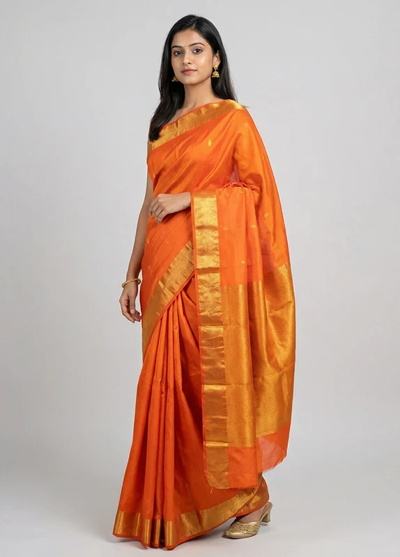 Orange Kanjivaram Silk Saree With Blouse Piece One Size