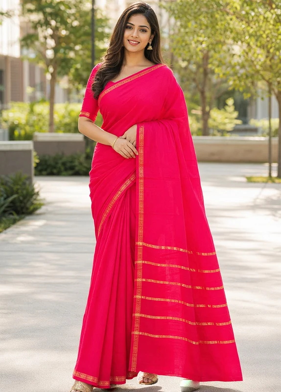 Pink Kanjivaram Silk Saree With Blouse Piece One Size