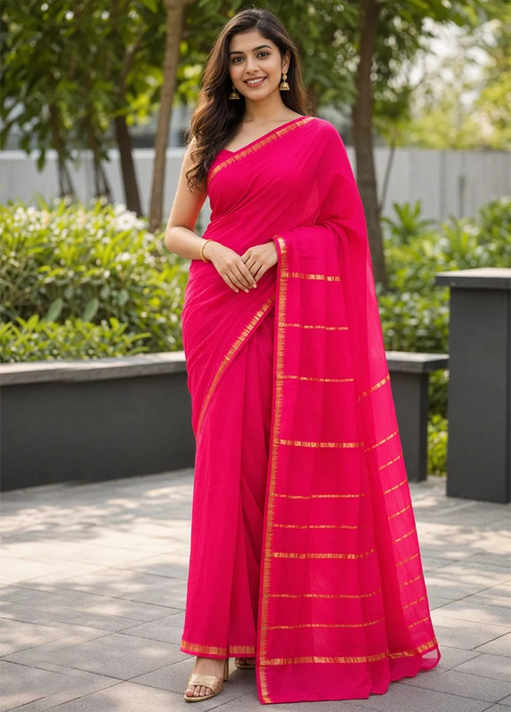 Pink Kanjivaram Silk Saree With Blouse Piece One Size
