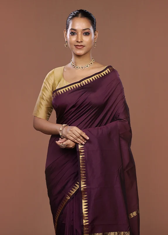 Purple Kanjivaram Silk Saree With Blouse Piece One Size