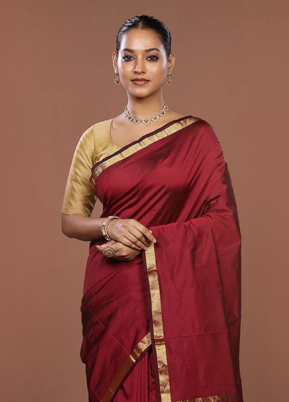 Maroon Kanjivaram Silk Saree With Blouse Piece One Size