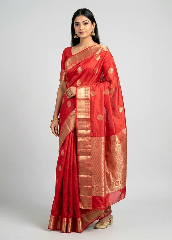 Red Handloom Kanchipuram Pure Silk Saree With Blouse Piece One Size