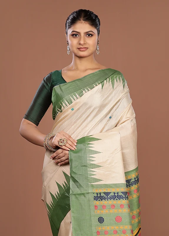 Cream Handloom Tussar Pure Silk Saree With Blouse Piece One Size