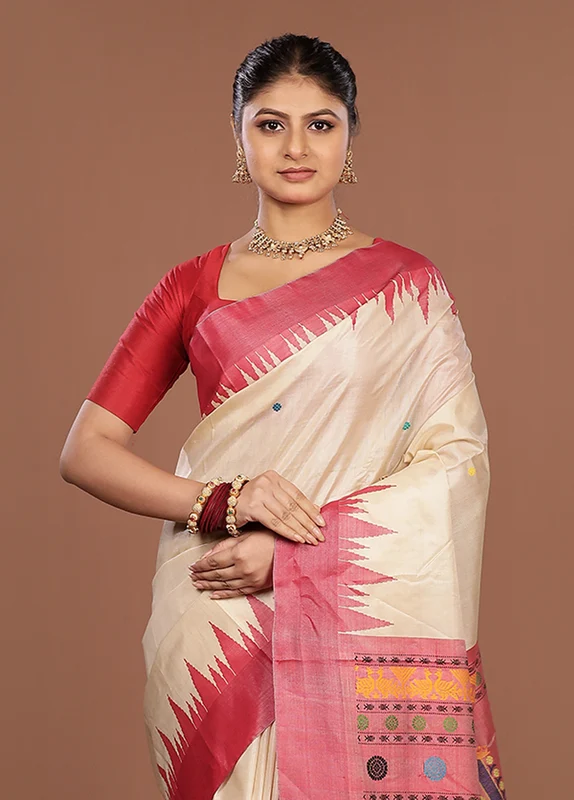Cream Handloom Tussar Pure Silk Saree With Blouse Piece One Size