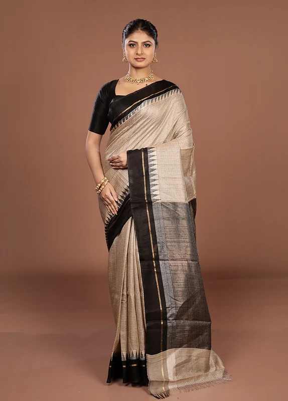 Cream Handloom Tussar Pure Silk Saree With Blouse Piece One Size