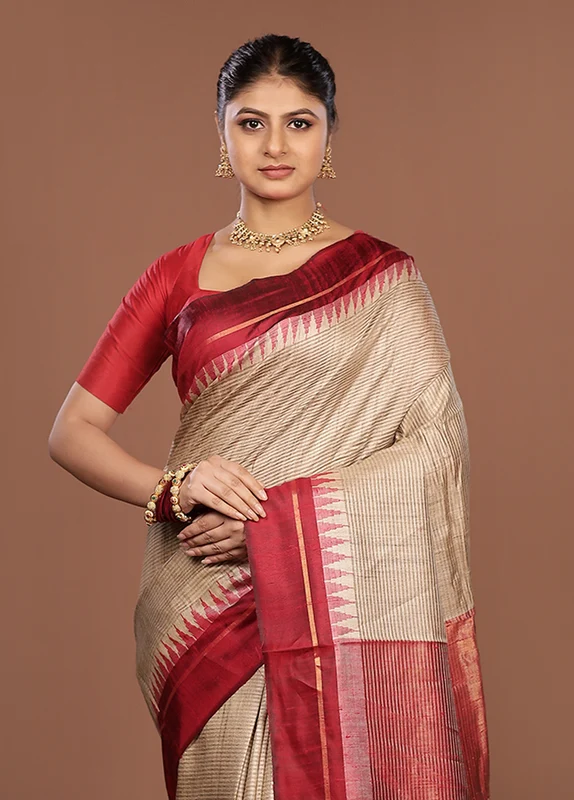 Cream Handloom Tussar Pure Silk Saree With Blouse Piece One Size
