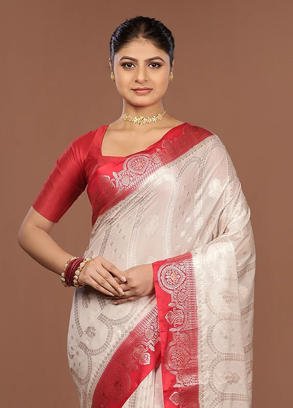 White Dupion Silk Saree With Blouse Piece One Size