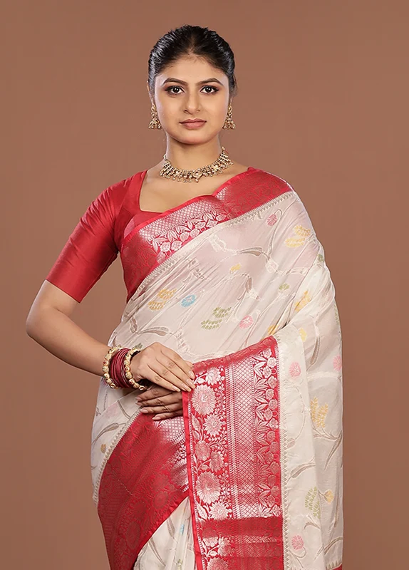 White Dupion Silk Saree With Blouse Piece One Size