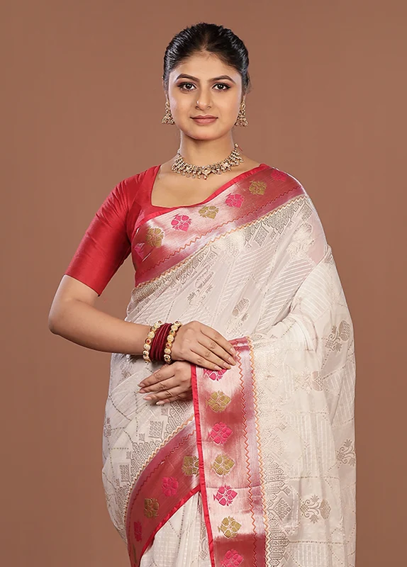 White Dupion Silk Saree With Blouse Piece One Size