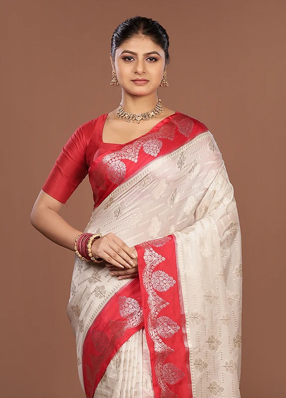 White Dupion Silk Saree With Blouse Piece One Size