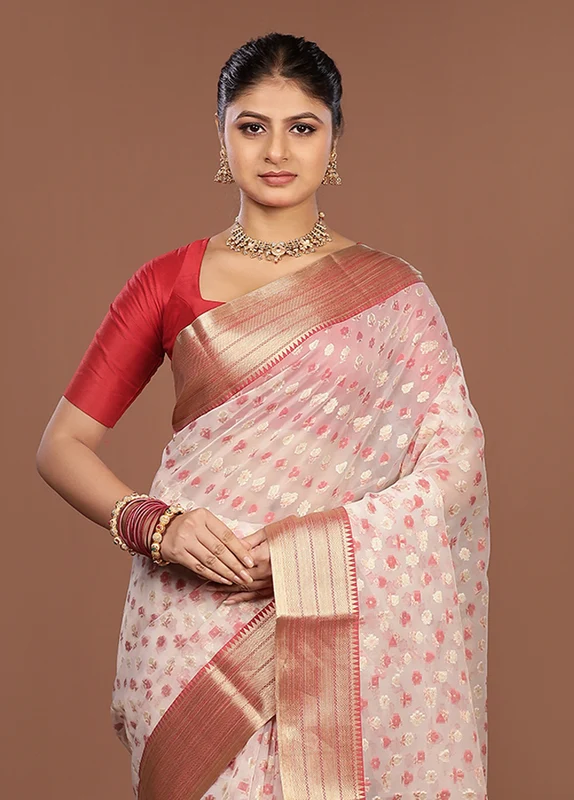 Cream Kora Silk Saree With Blouse Piece One Size