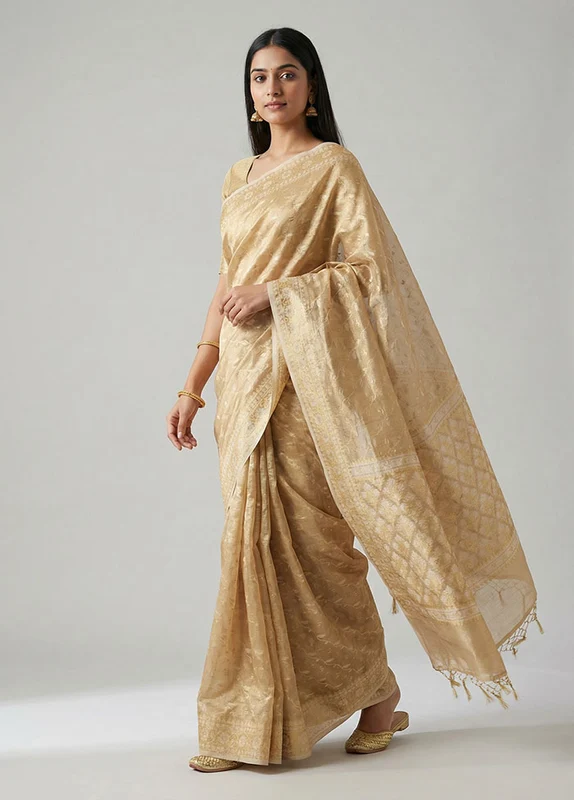 Cream Tissue Silk Saree With Blouse Piece One Size