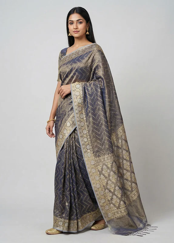 Blue Tissue Silk Saree With Blouse Piece One Size