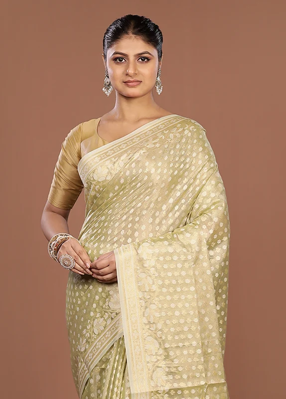 Cream Tissue Silk Saree With Blouse Piece One Size