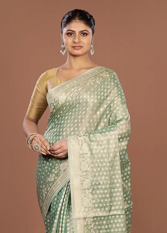 Green Tissue Silk Saree With Blouse Piece One Size
