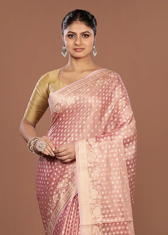 Pink Tissue Silk Saree With Blouse Piece One Size
