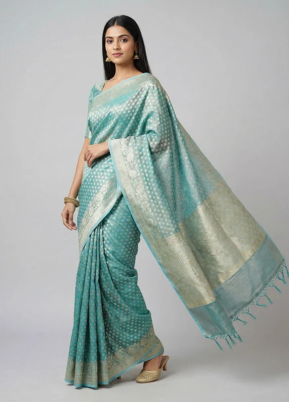 Blue Tissue Silk Saree With Blouse Piece One Size