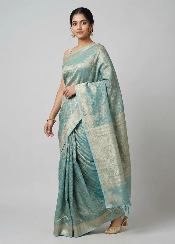 Blue Tissue Silk Saree With Blouse Piece One Size