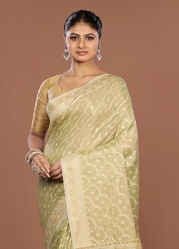 Green Tissue Silk Saree With Blouse Piece One Size