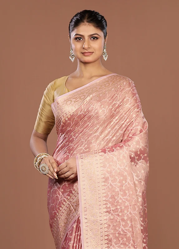 Pink Tissue Silk Saree With Blouse Piece One Size