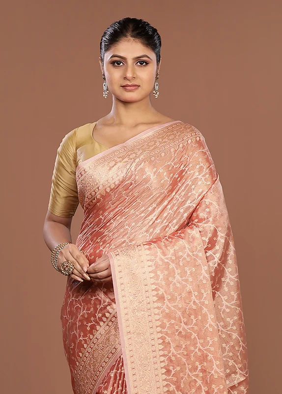 Pink Tissue Silk Saree With Blouse Piece One Size