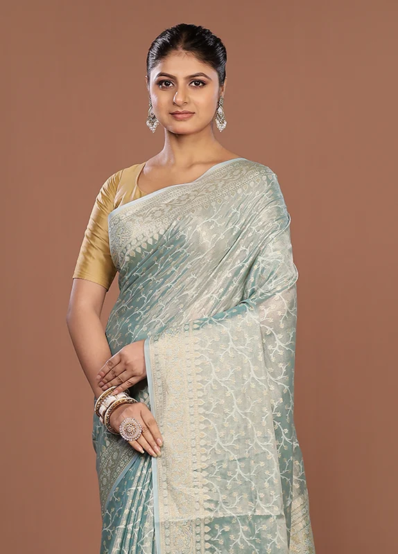 Blue Tissue Silk Saree With Blouse Piece One Size