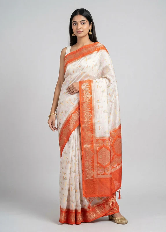 White Dupion Silk Saree With Blouse Piece One Size