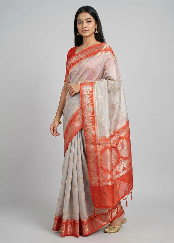 White Dupion Silk Saree With Blouse Piece One Size