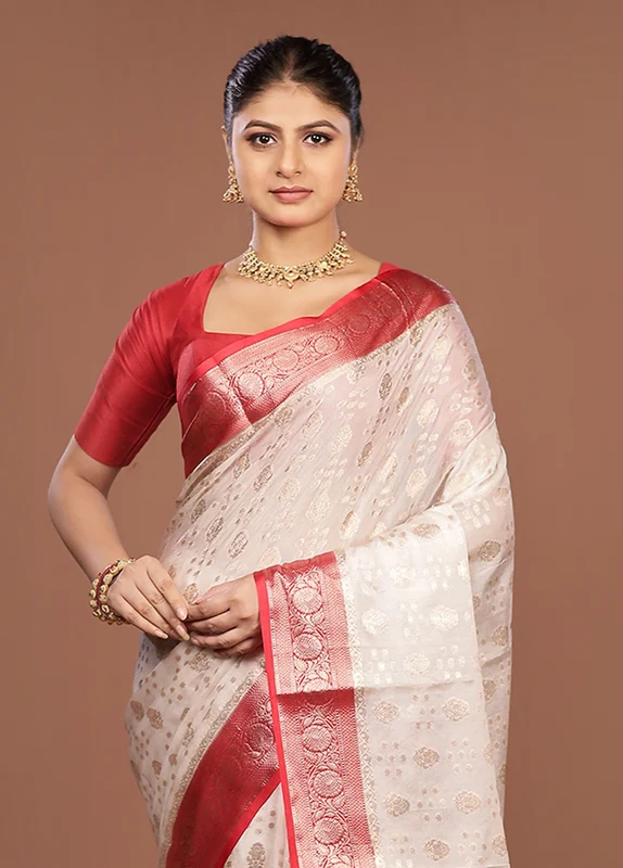 White Dupion Silk Saree With Blouse Piece One Size
