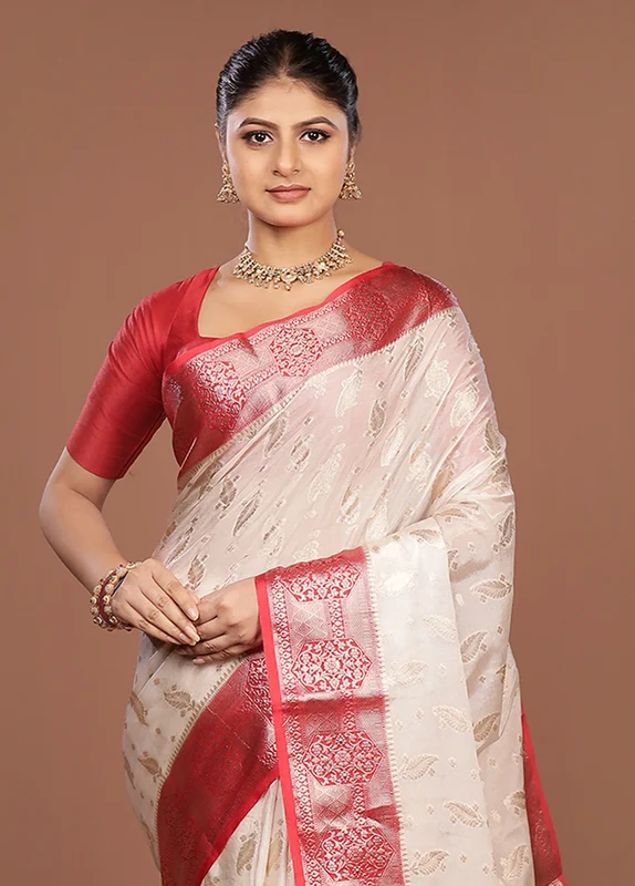 White Dupion Silk Saree With Blouse Piece One Size
