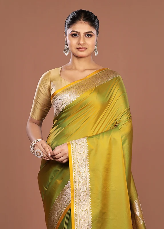 Green Katan Silk Saree With Blouse Piece One Size