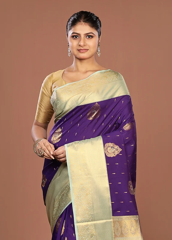 Purple Kanjivaram Silk Saree With Blouse Piece One Size