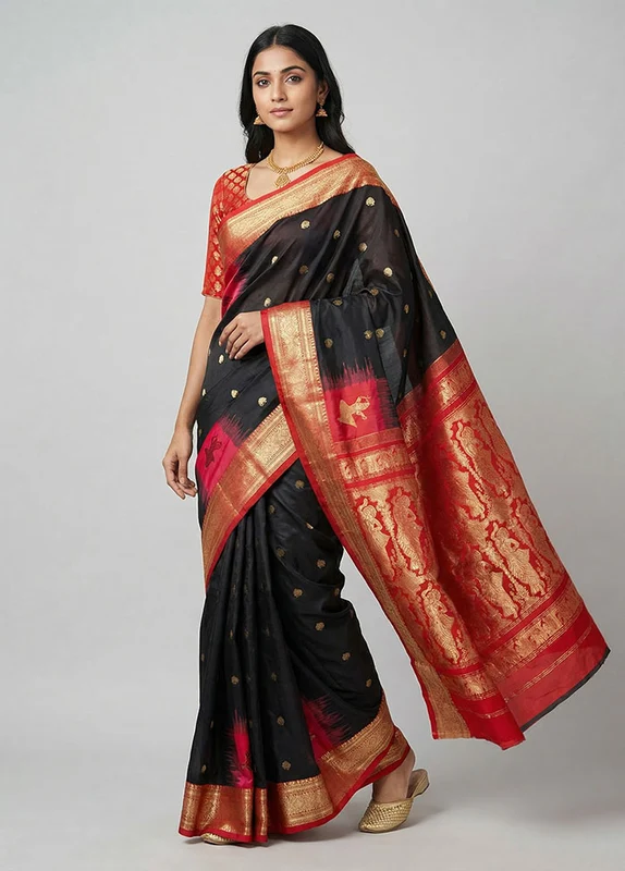 Black Handloom Kanchipuram Pure Silk Saree With Blouse Piece One Size