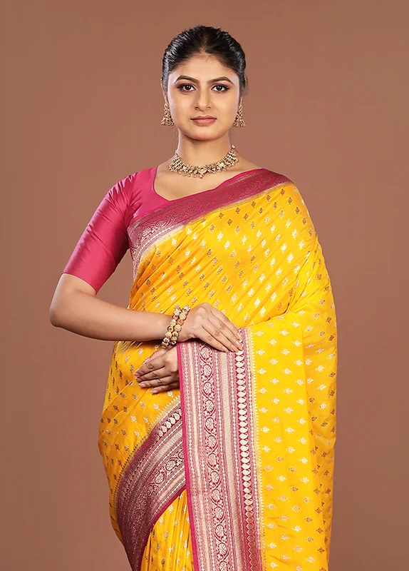 Yellow Dupion Silk Saree With Blouse Piece One Size