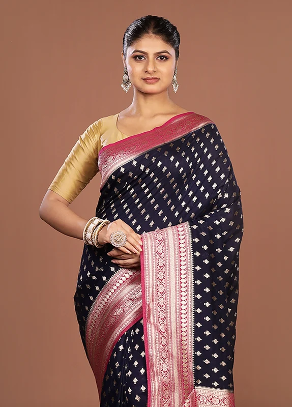 Blue Dupion Silk Saree With Blouse Piece One Size